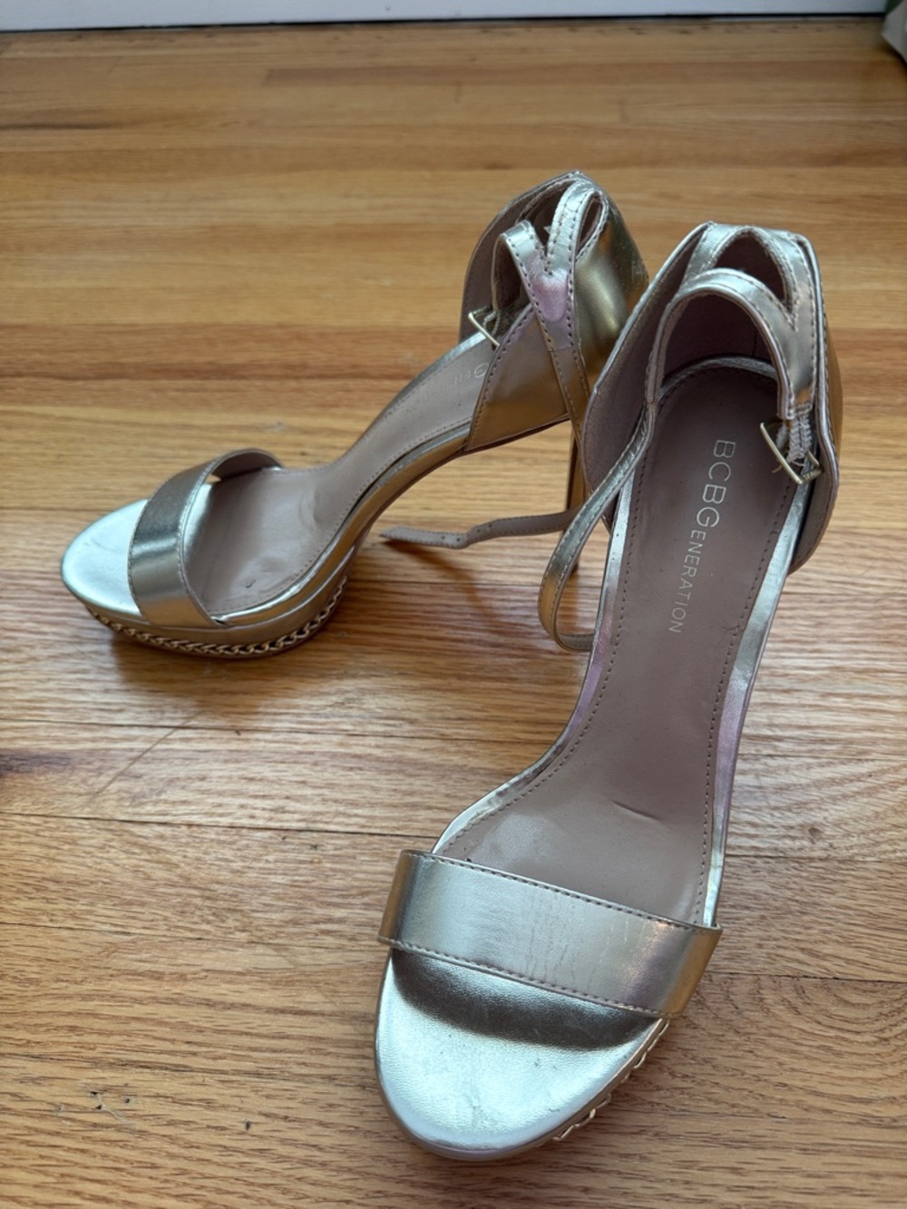 BCBGeneration Metallic Gold Open-Toe Ankle-Strap Block Heels